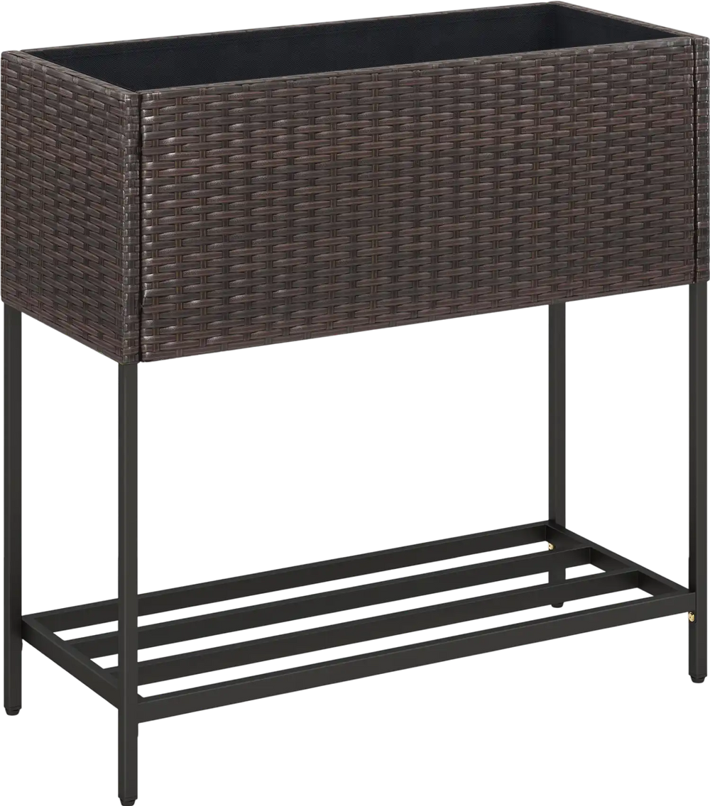 Wicker raised garden bed with storage shelf, made of durable PE rattan, ideal for growing flowers and herbs.