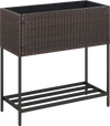 Wicker raised garden bed with storage shelf, made of durable PE rattan, ideal for growing flowers and herbs.
