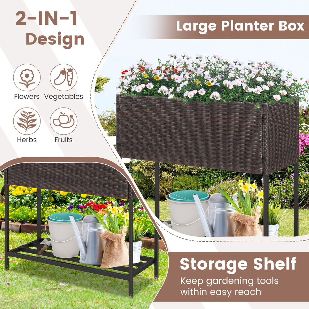 Wicker raised garden bed with storage shelf for flowers, vegetables, and herbs; features drainage gaps and removable.