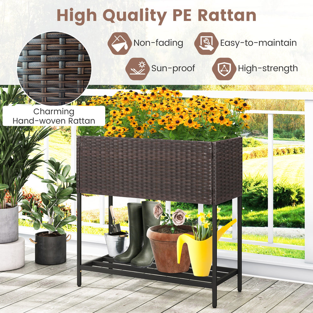 Wicker raised garden bed with storage shelf, made of high-quality PE rattan, perfect for growing flowers and herbs.
