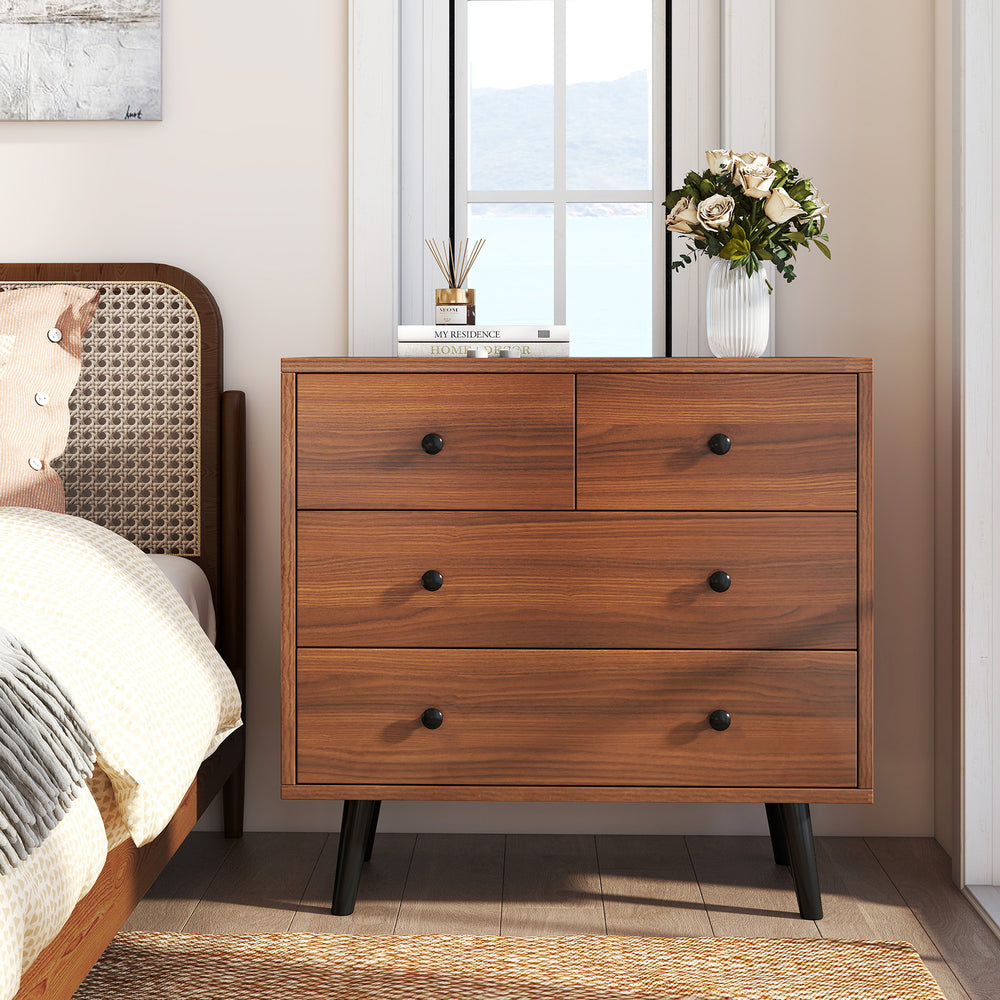 Wide Wooden Dresser with 4 Drawers for Bedroom Living Room-Walnut - Gallery View 1 of 10