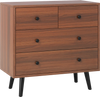 Wide wooden dresser in walnut finish with 4 drawers, perfect for bedroom or living room storage solutions.