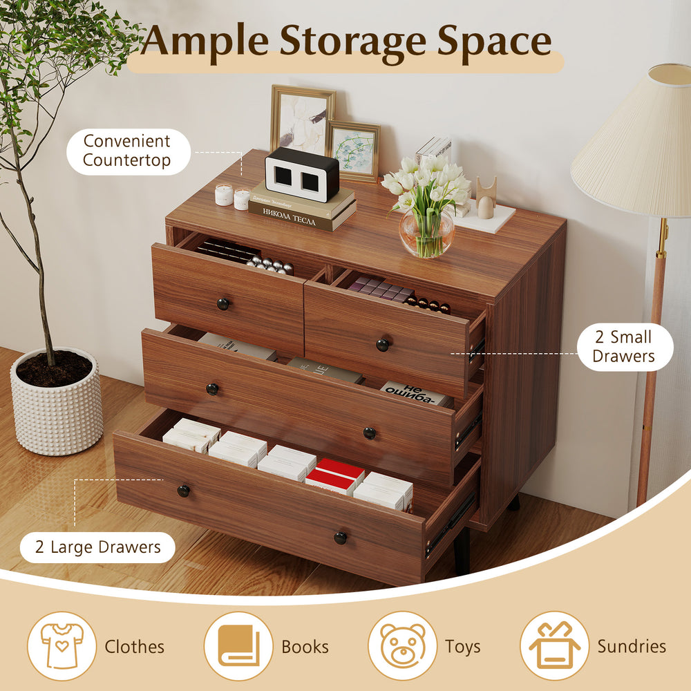 Wide wooden dresser in walnut finish featuring 4 drawers, ample storage, and a spacious countertop for decor.