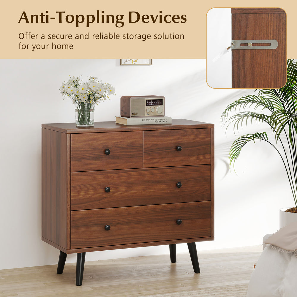 Wide wooden dresser in walnut finish with 4 drawers, featuring anti-toppling devices for secure storage in any room.