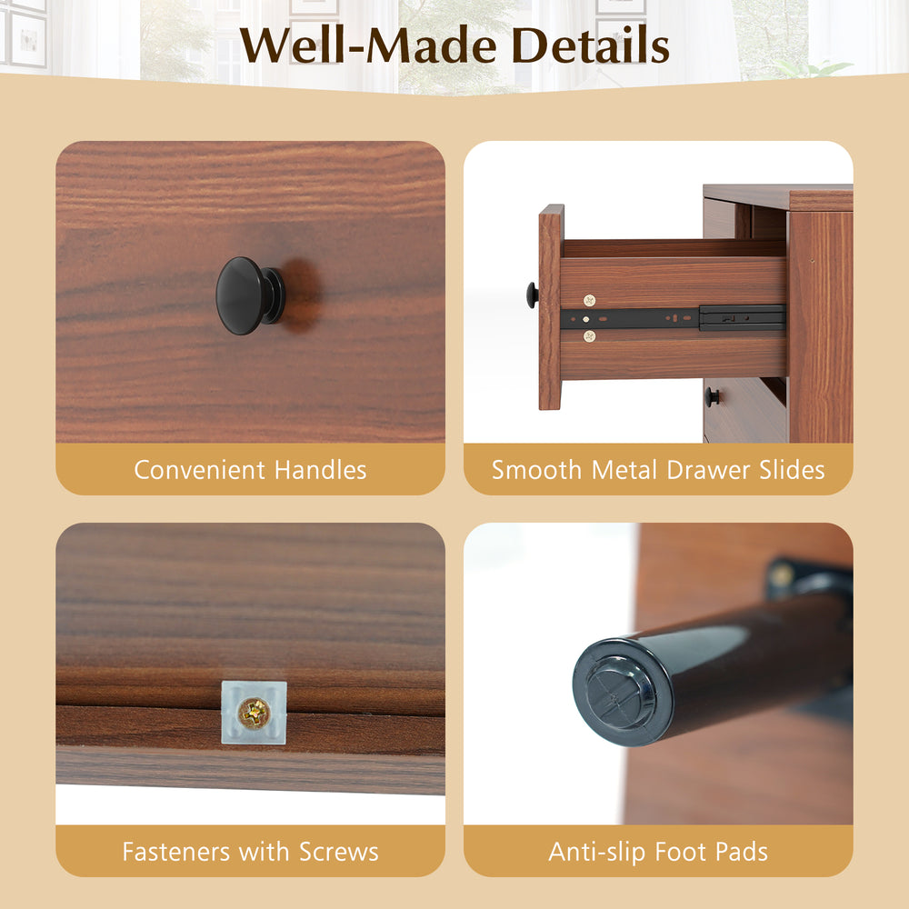 Close-up of the wide wooden dresser's smooth metal drawer slides and convenient handles for easy access.