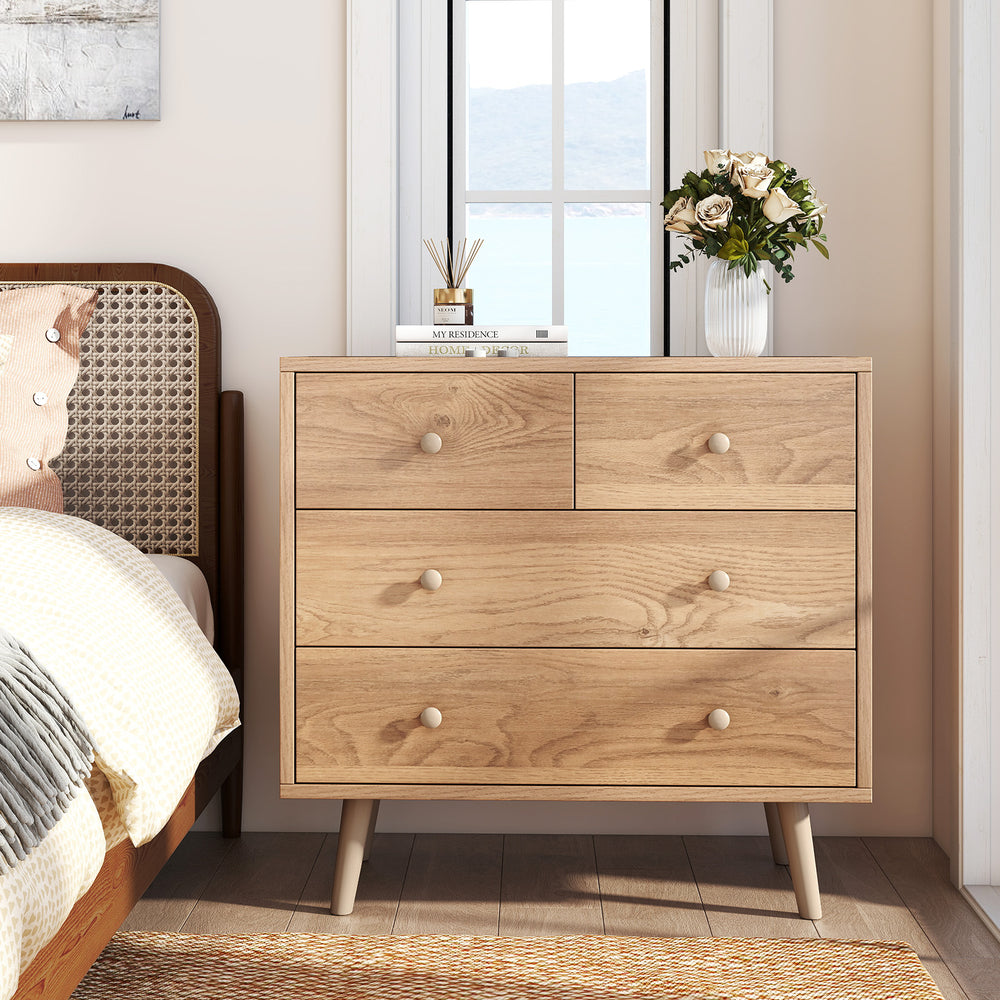 Wide Wooden Dresser with 4 Drawers for Bedroom Living Room-Natural - Gallery View 1 of 10
