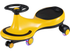Wiggle car ride-on toy in yellow with flashing wheels, designed for indoor and outdoor fun and safety.