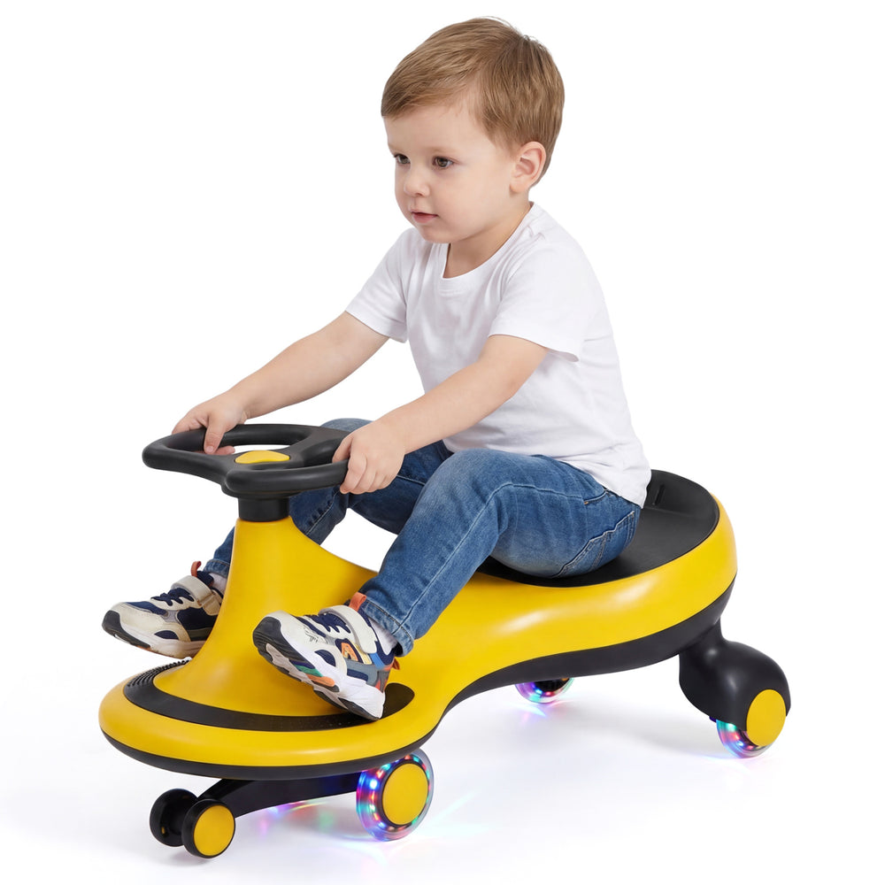 Wiggle car ride-on toy in yellow with flashing wheels, designed for indoor and outdoor fun for kids.