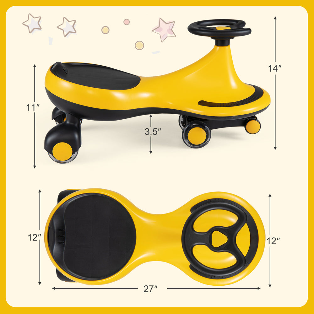Wiggle car ride-on toy in yellow with flashing wheels, designed for indoor and outdoor fun, ensuring safety and.