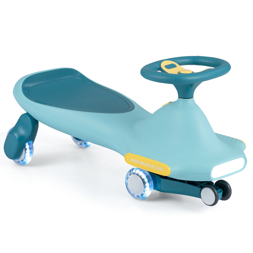 Wiggle car for kids in blue with LED flashing wheels, designed for indoor and outdoor play, promotes balance and control.