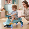 Wiggle car for kids in blue with LED flashing wheels, designed for indoor and outdoor play, enhances balance and control.