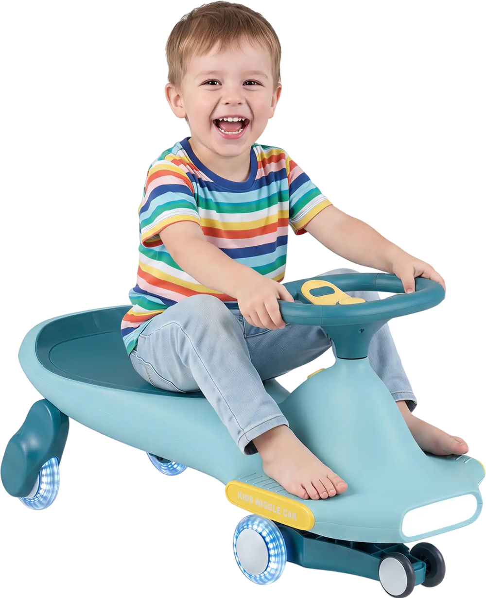 Blue wiggle car for kids features LED flashing wheels, a stable structure, and a lightweight design for indoor and outdoor play.