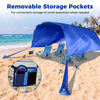 Navy wind-powered beach tent with removable storage pockets, providing shade for 6-8 people during outdoor gatherings.