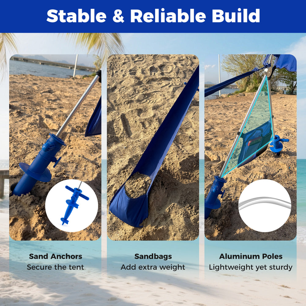 Detail of the aluminum poles and sand anchors for the Wind Powered Beach Tent, ensuring stability and reliability.