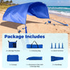Portable navy beach tent canopy with aluminum poles, sand anchors, and storage pockets for family picnics.