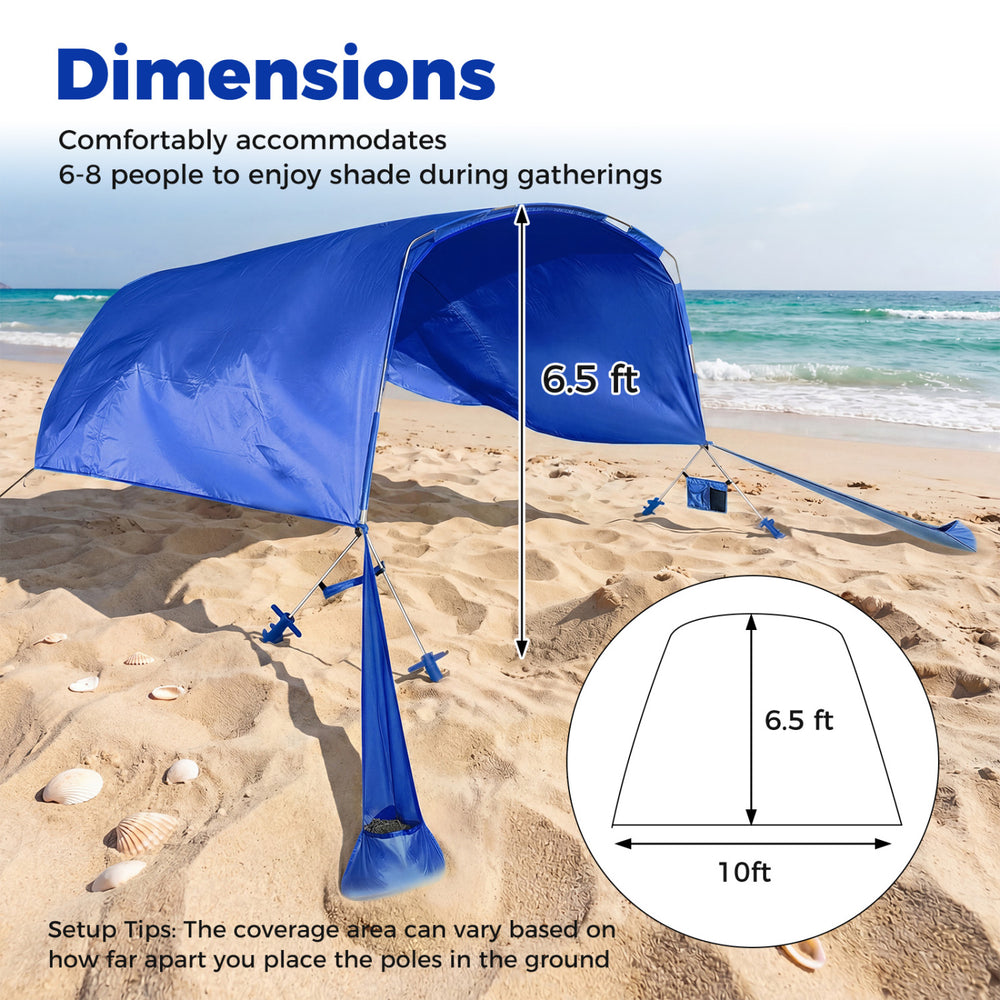 Portable navy beach tent canopy with 137 sq.ft coverage, accommodating 6-8 people for sun protection during gatherings.