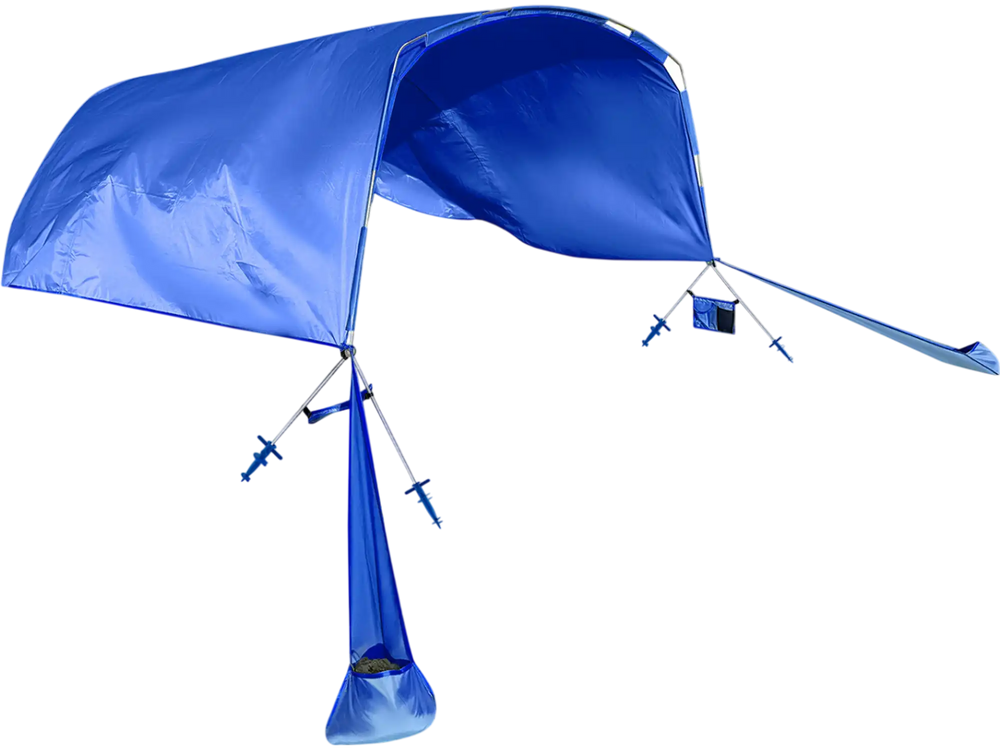 Navy wind-powered beach tent canopy providing 137 sq.ft shade for 6-8 people, ideal for picnics and gatherings.