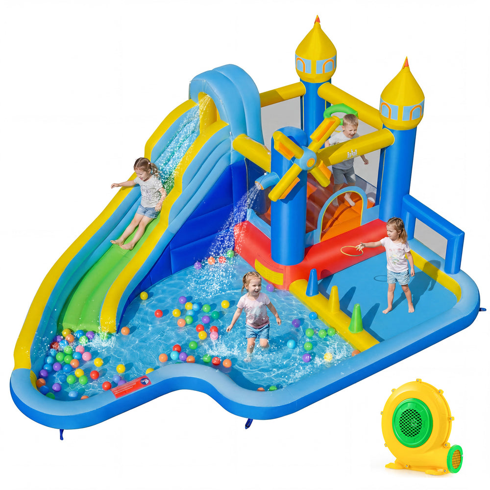 Windmill-themed inflatable water slide park with slide, jumping area, and ball pit for backyard fun and entertainment.