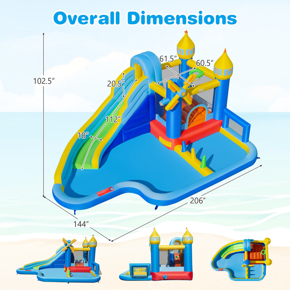 Windmill-themed inflatable water slide park with dimensions, featuring a slide, jumping area, and climbing wall for.