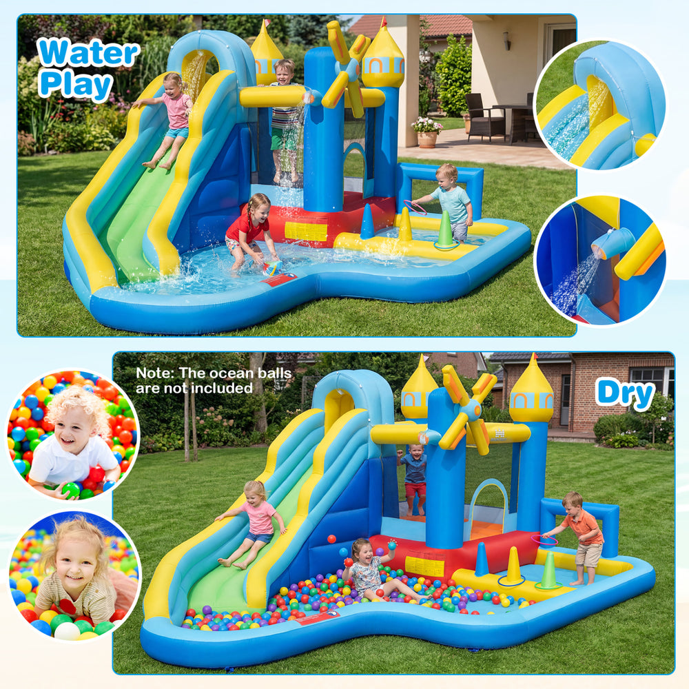 Windmill-themed inflatable water slide park featuring a long slide, jumping area, and basketball hoop for backyard fun.