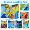 Windmill-themed inflatable water slide park featuring a long slide, large jumping area, and climbing wall for backyard.