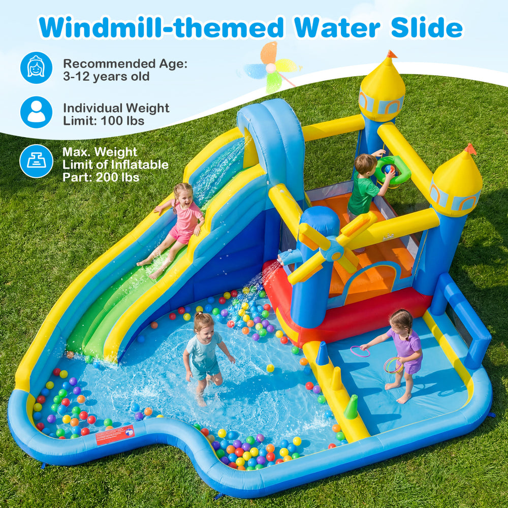 Windmill-themed inflatable water slide park with jumping area, slide, and ball pit for backyard fun and entertainment.