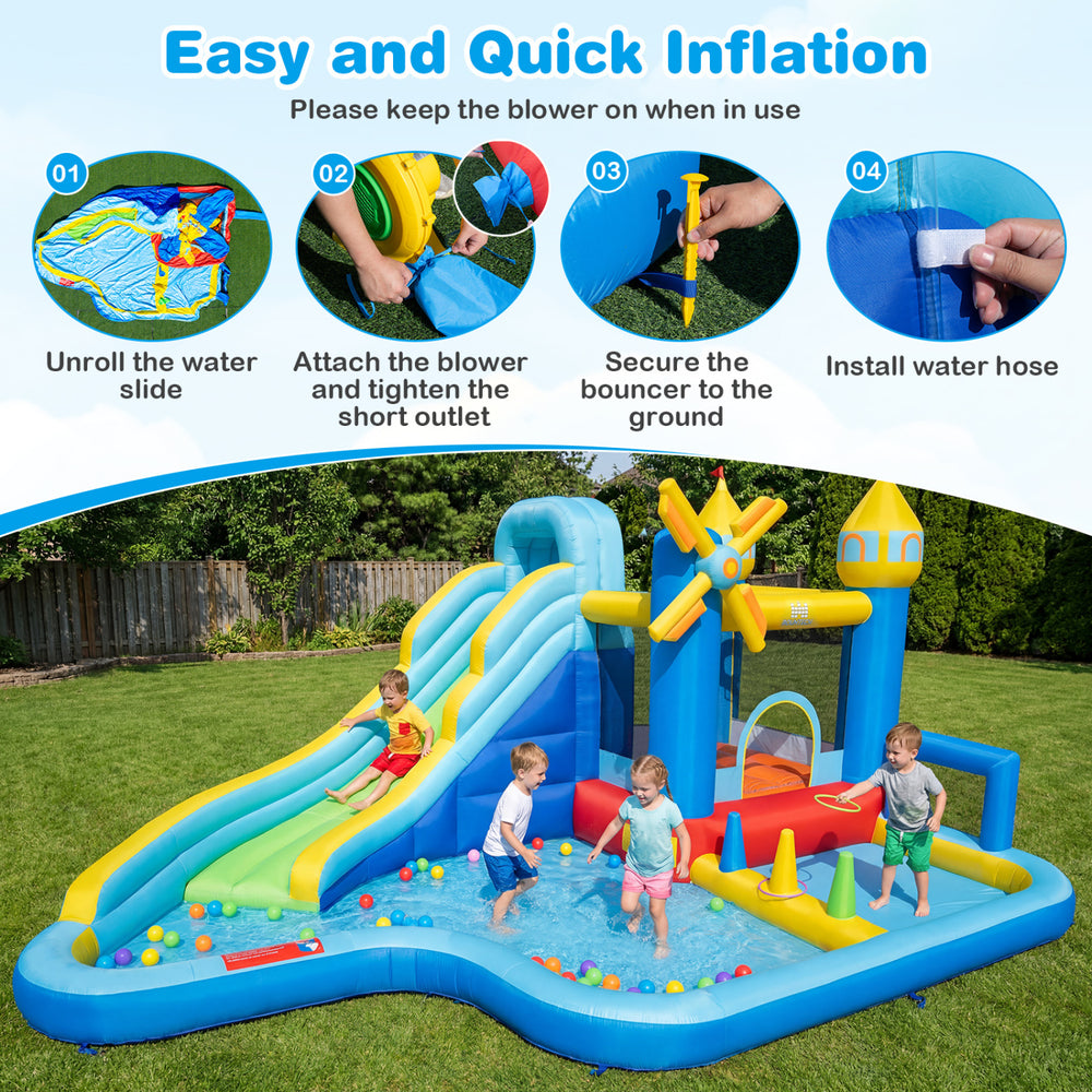 Windmill-themed inflatable water slide park with jumping area, splash pools, and included blower for backyard fun.