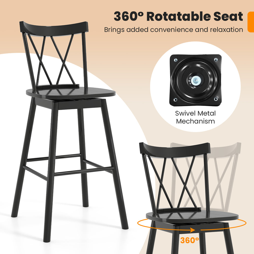 Windsor bar stool with 360° swivel seat, ergonomic backrest, and footrests, ideal for kitchens and dining rooms.