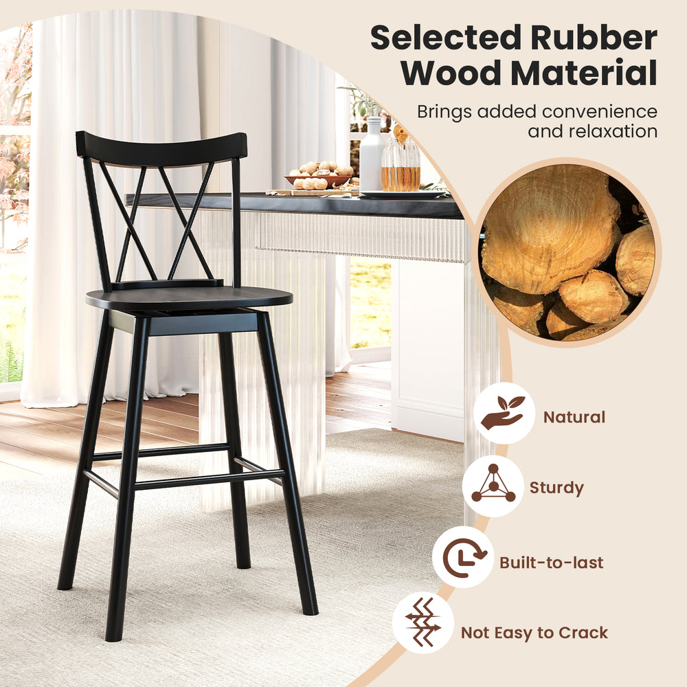 Windsor bar stool with ergonomic backrest, natural rubber wood, 29-inch height, perfect for kitchens and dining rooms.