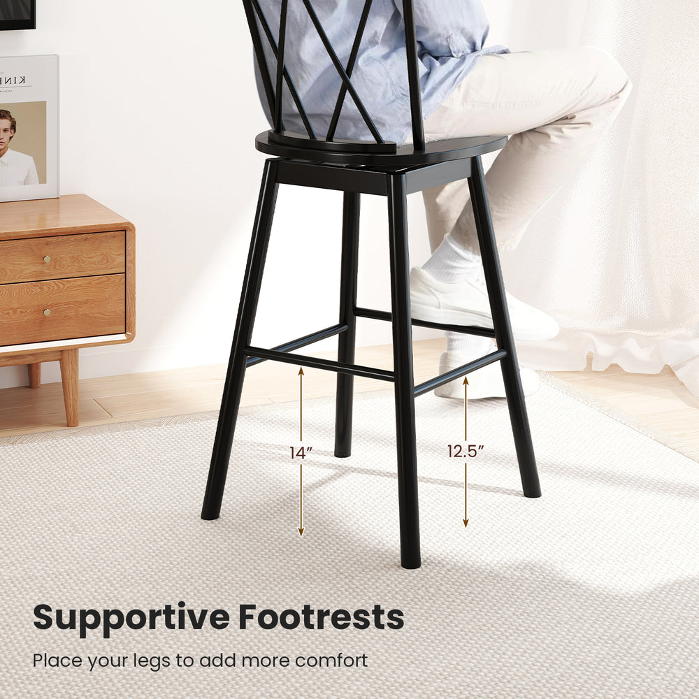Windsor bar stool with ergonomic backrest and supportive footrests, 29-inch height, perfect for kitchens and dining.