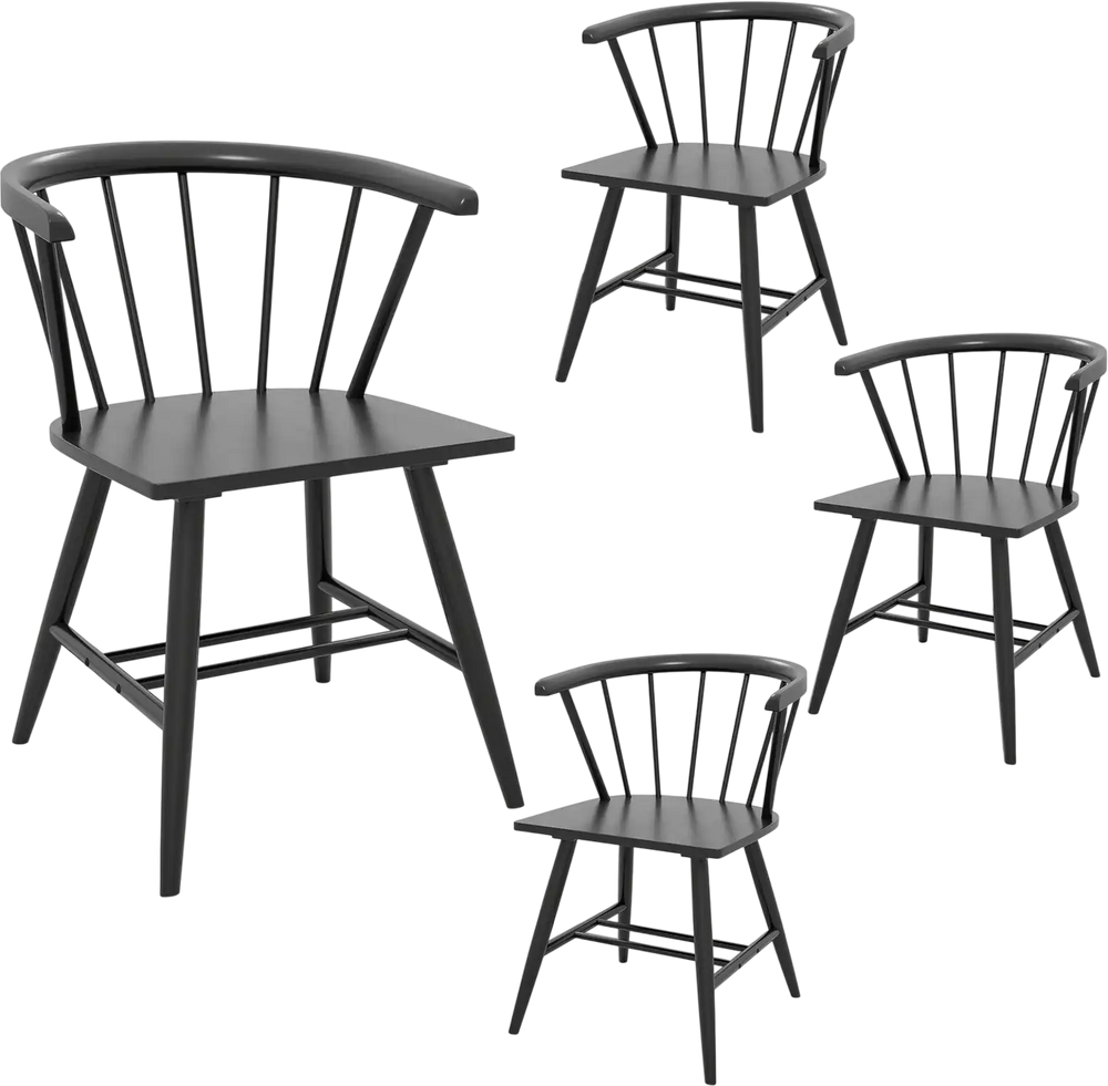 Set of 4 Windsor dining chairs in black with ergonomic backrest, ideal for kitchens and dining rooms.