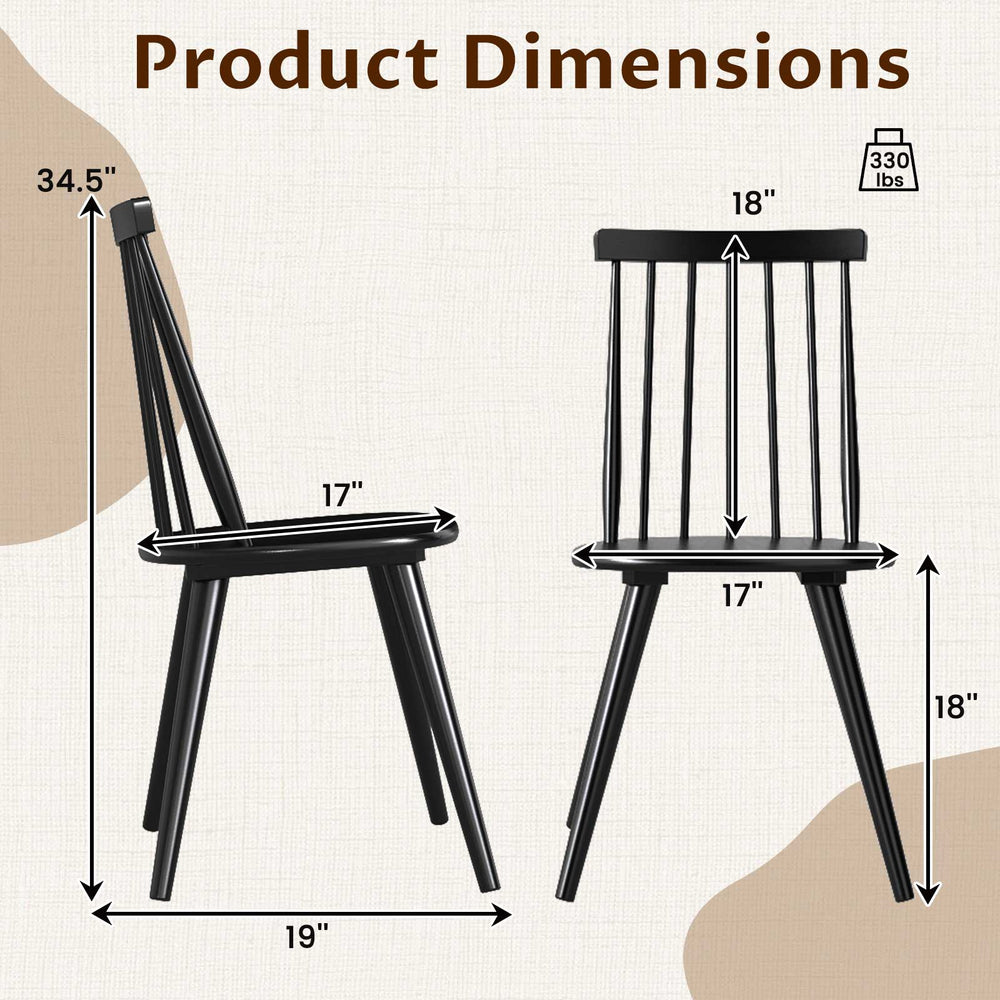Windsor dining chair dimensions with solid rubber wood frame in black, featuring ergonomic design for comfort.