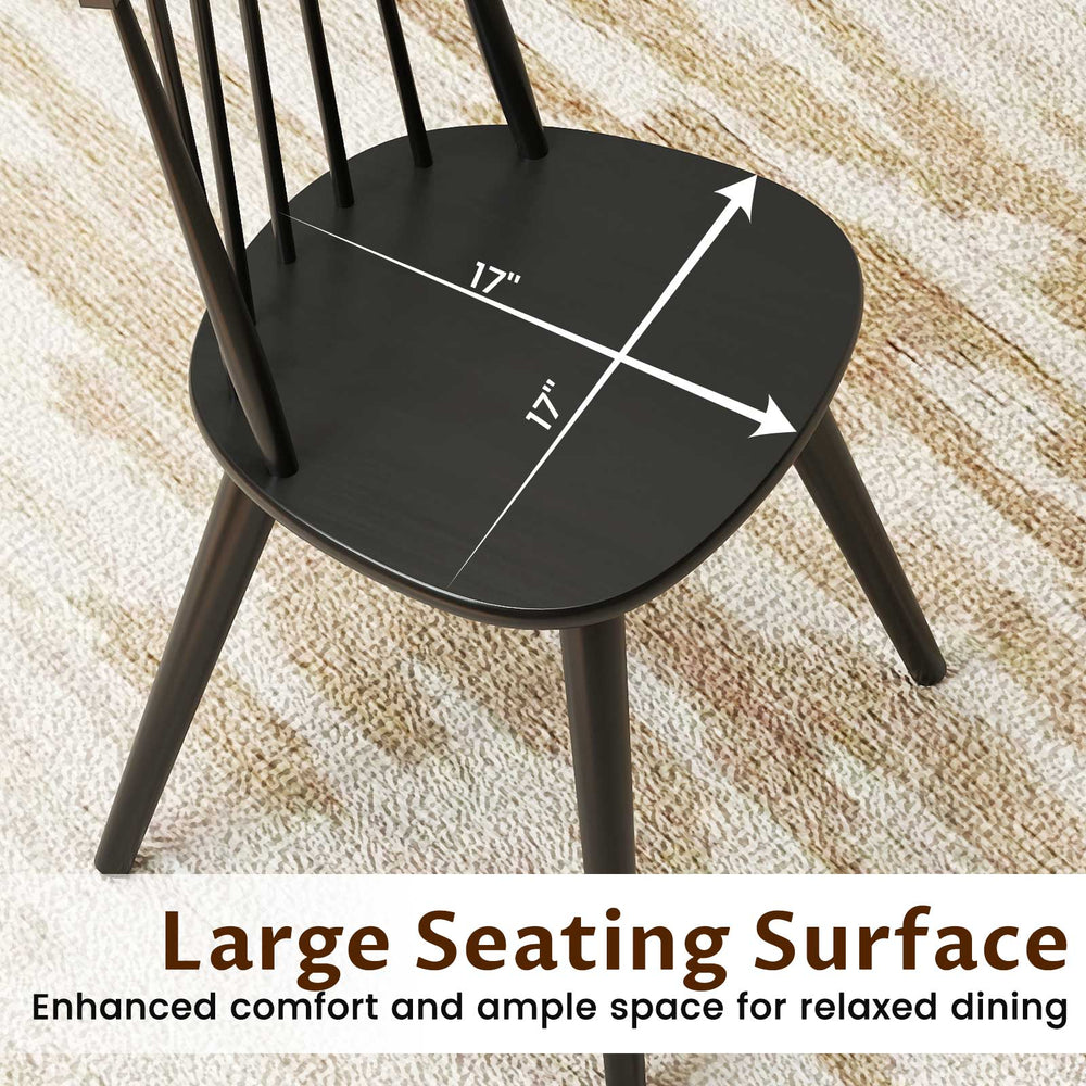 Windsor dining chair with large black rubber wood seat, featuring a 17" surface for comfortable dining.
