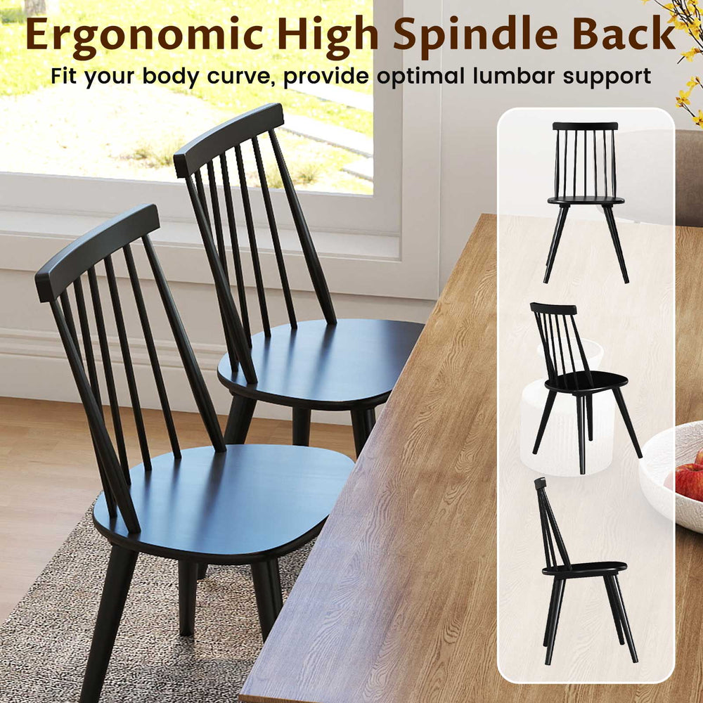 Windsor dining chair set of 2 in black with ergonomic high spindle back, perfect for dining rooms and cafes.