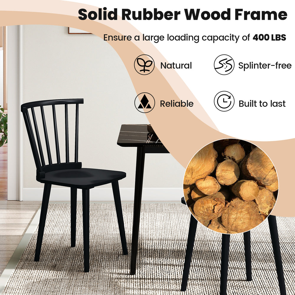 Windsor dining chair set with spindle back design, sturdy rubber wood frame, perfect for dining rooms or restaurants.