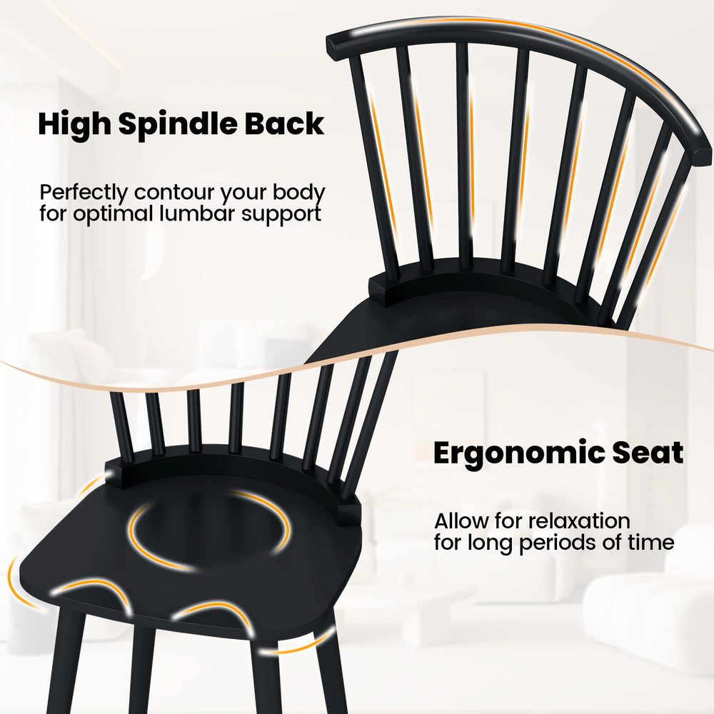 Windsor dining chair with spindle back and ergonomic seat, made of durable rubber wood, ideal for dining or living.