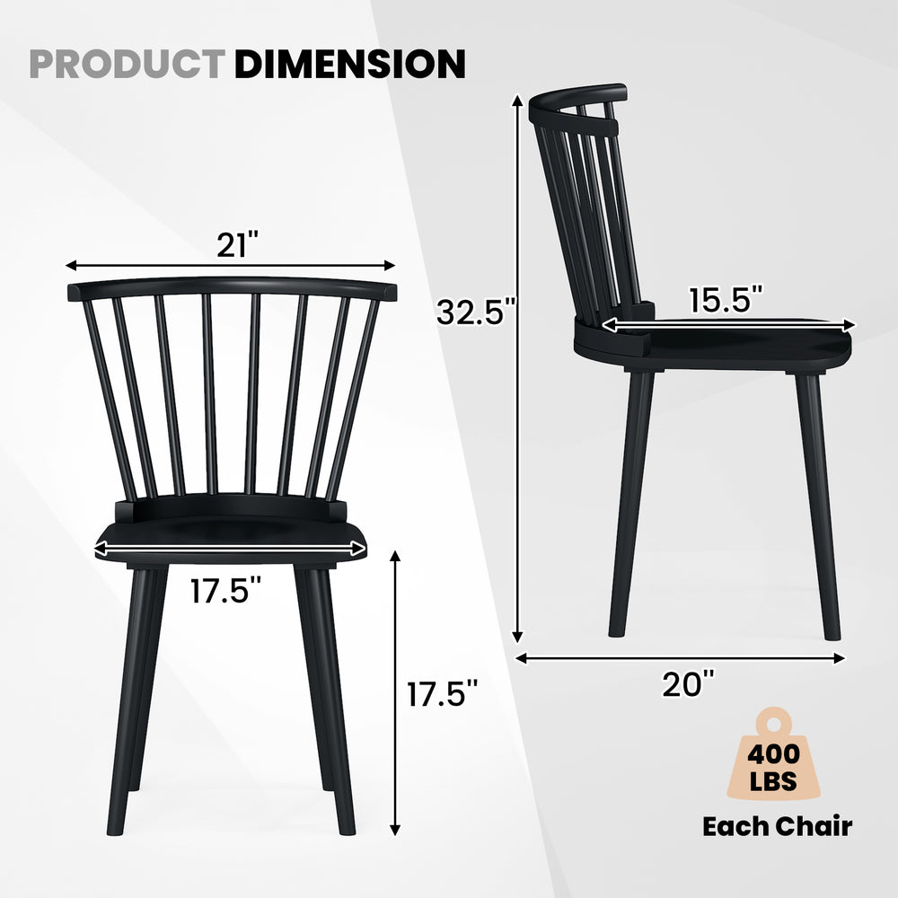 Windsor dining chair dimensions showing spindle back design, rubber wood construction, and ergonomic features for.