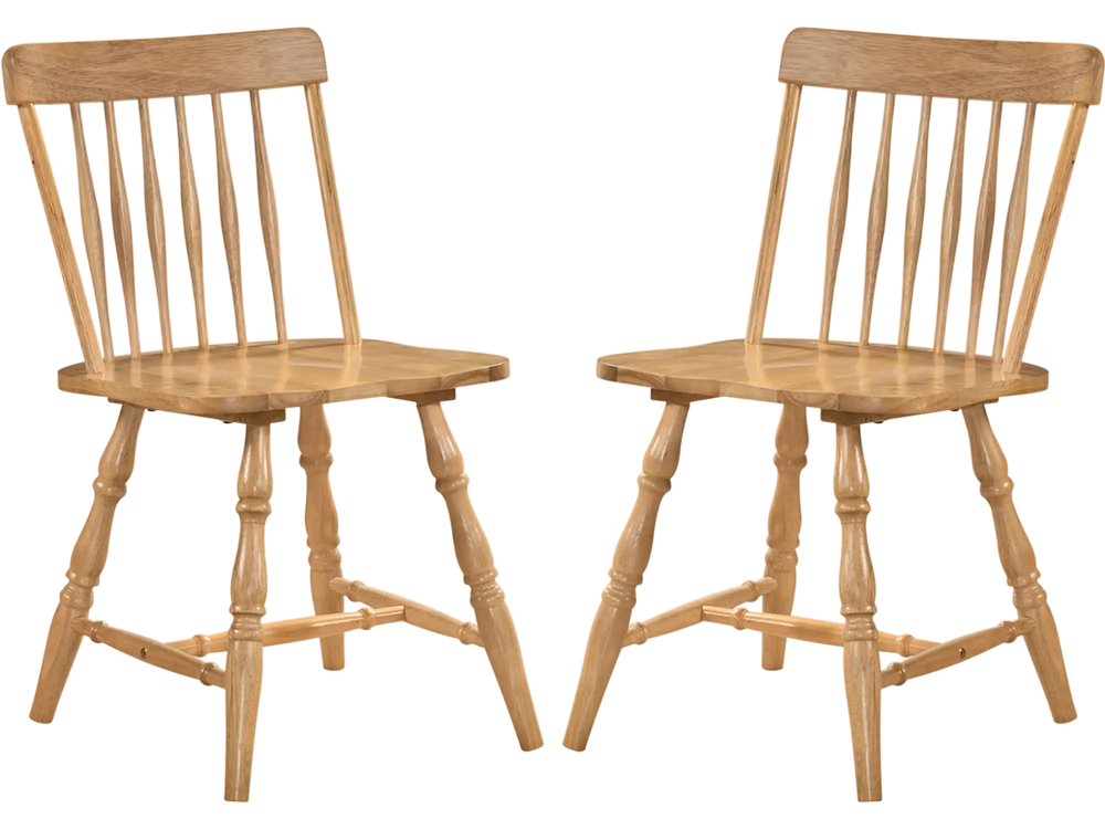 Set of 2 Windsor dining chairs with curved spindle back, natural rubber wood frame, perfect for dining rooms or cafes.