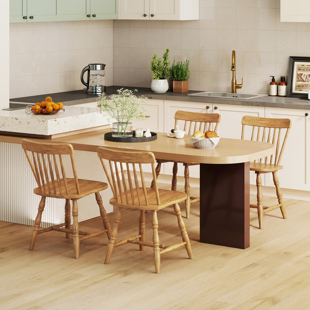 Windsor dining chairs set of 4 with curved spindle back in natural finish, perfect for dining rooms or cafes.