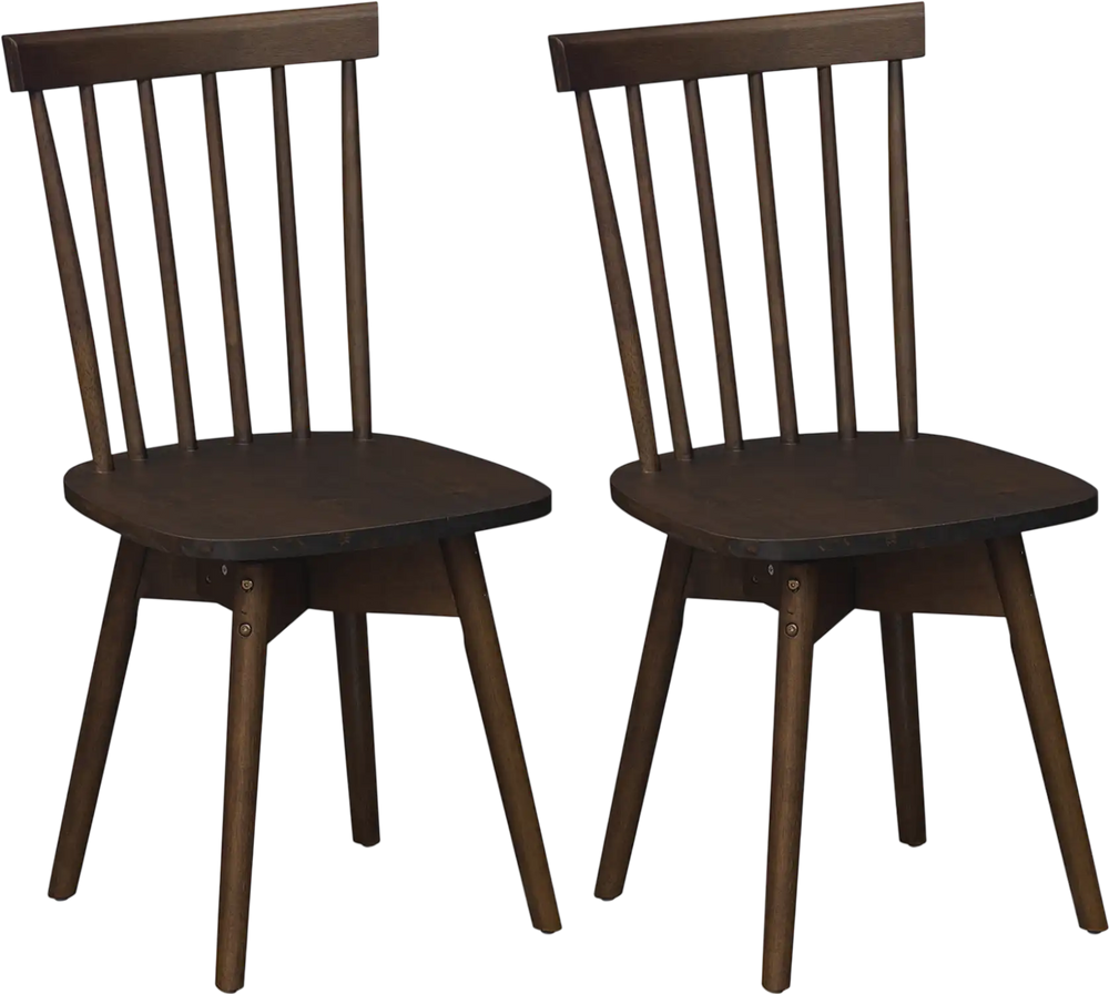Set of 2 Windsor dining chairs in walnut, featuring solid rubber wood, swivel seats, and a comfortable spindle back.