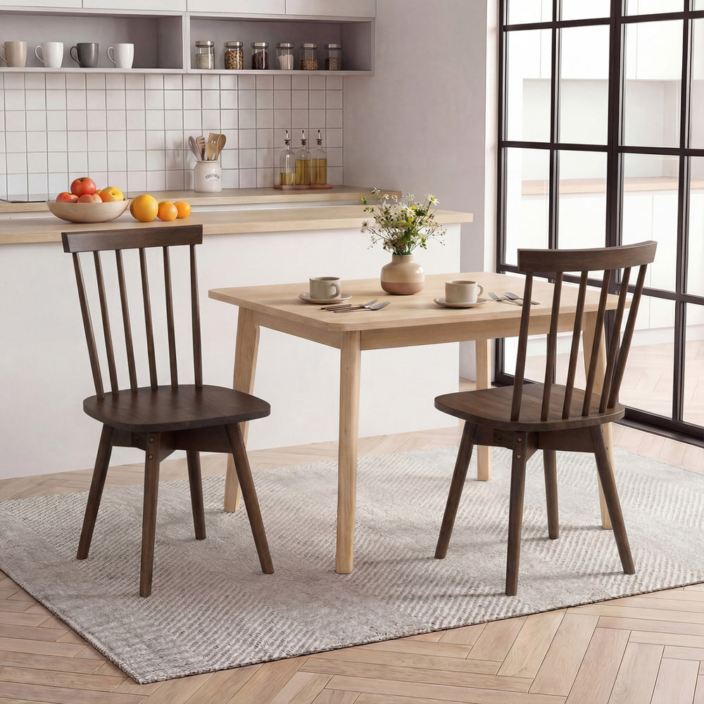 Windsor dining chairs set of 2 in walnut with swivel seats, perfect for kitchen or dining areas.