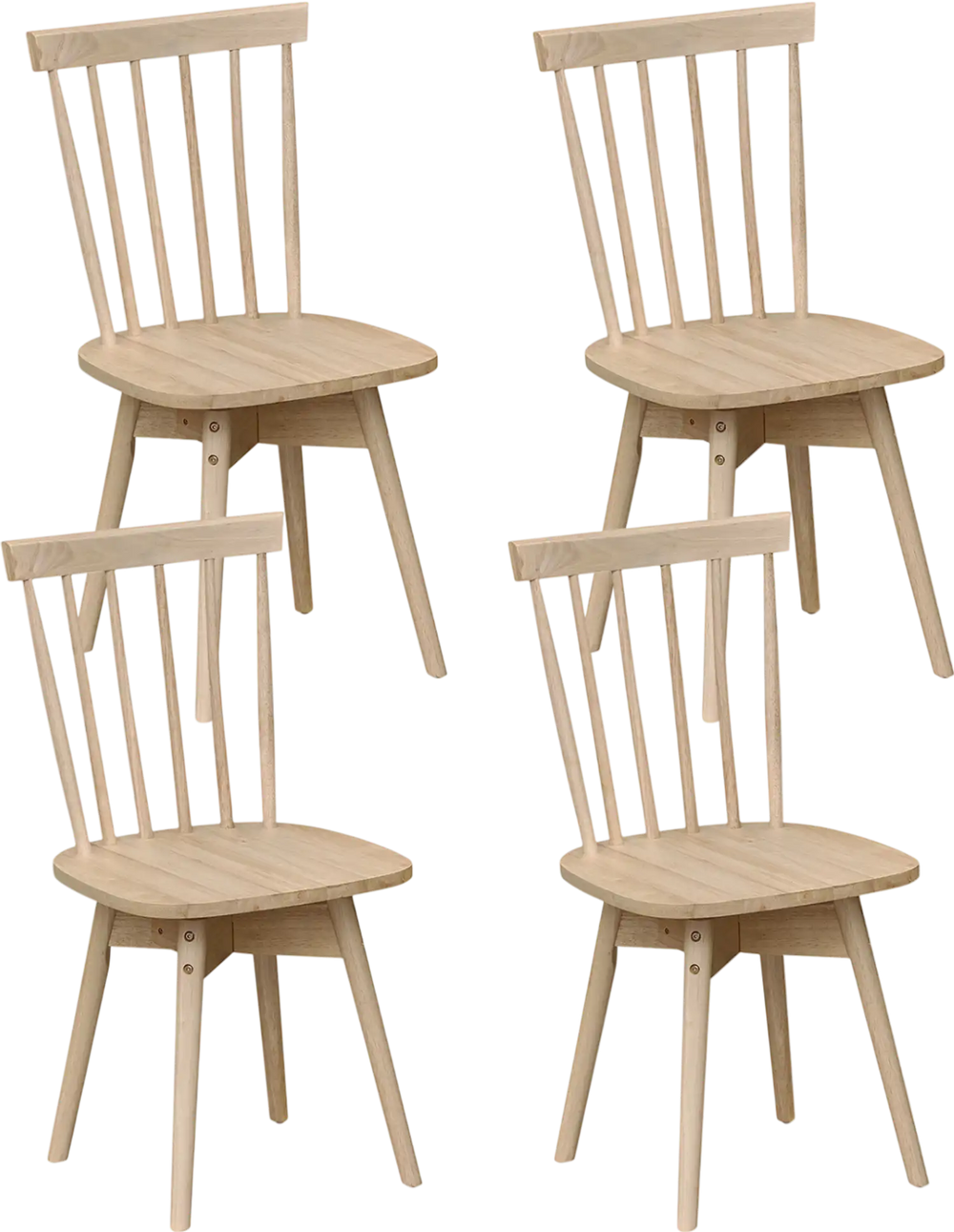 Set of 4 Windsor dining chairs in natural rubber wood with 360° swivel seats, ideal for kitchen or dining areas.