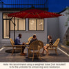 Patio offset umbrella with solar-powered LED lights, featuring a wine color and durable polyester fabric for outdoor.