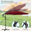 10 feet patio offset umbrella in wine color with tilt mechanism and solar-powered LED lights for outdoor shading.