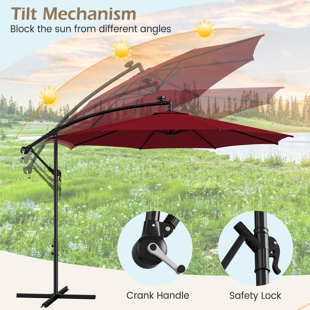 10 feet patio offset umbrella in wine color with tilt mechanism and solar-powered LED lights for outdoor shading.