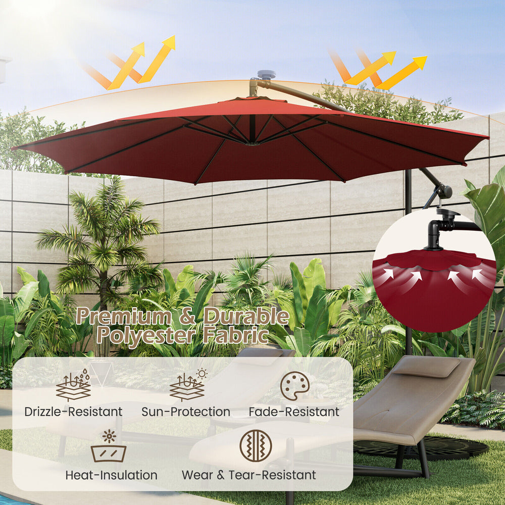 10 feet patio offset umbrella in wine color with solar-powered LED lights, featuring durable polyester fabric and.