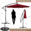 10 feet patio offset umbrella in wine color with solar-powered LED lights, showcasing dimensions and sturdy design.