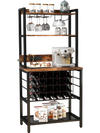 Wine bar cabinet with 4 tier storage shelves, holds 24 bottles and 9 glasses, featuring a wood grain surface and.