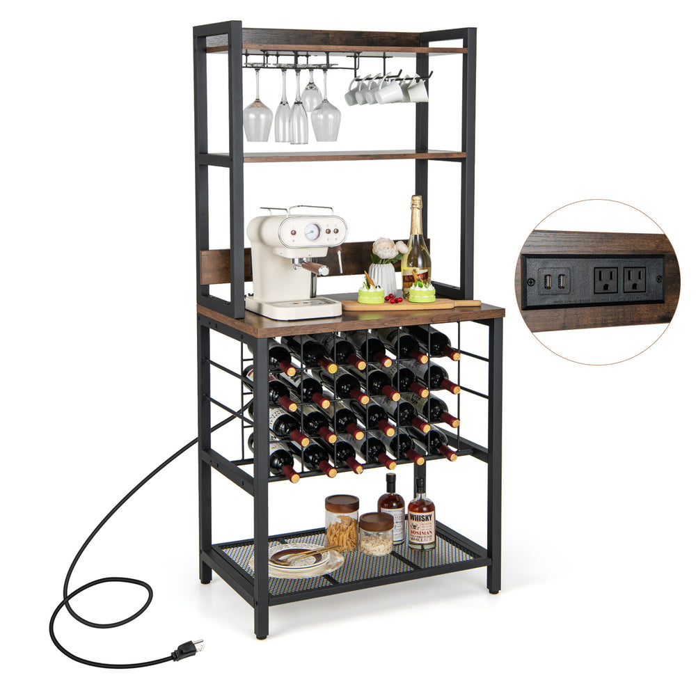 Wine bar cabinet with 4 tier shelves, holds 24 bottles and 9 glasses, featuring a built-in charging station for.