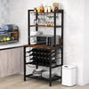 Wine bar cabinet with 4 tier storage shelves, holds 24 wine bottles and 9 glasses, featuring a brown wood grain surface.